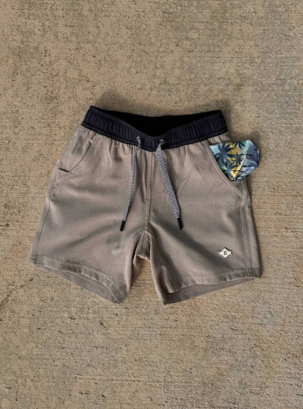 Burlebo Youth Athletic Short - Heather Khaki - Palm Tree Liner - The Foundry