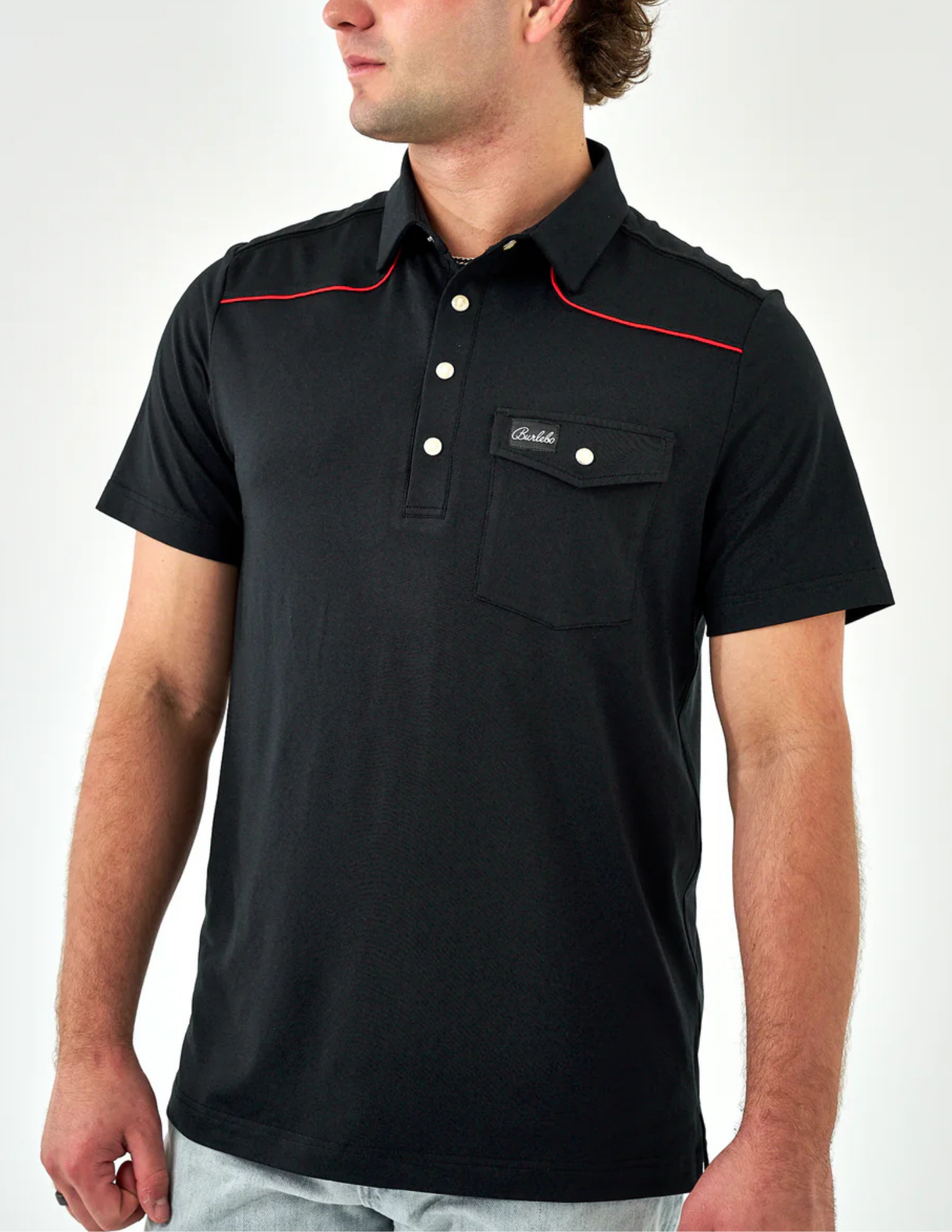 Burlebo Pearl Snap Performance Polo Black & Red