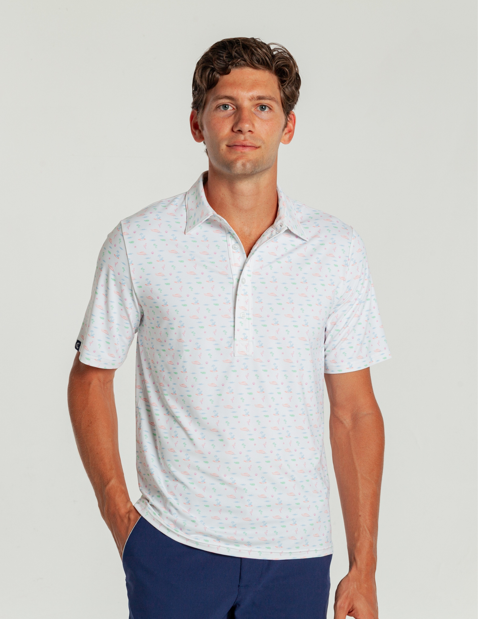 Criquet Performance Sport Range Polo - Beach Club Print - White