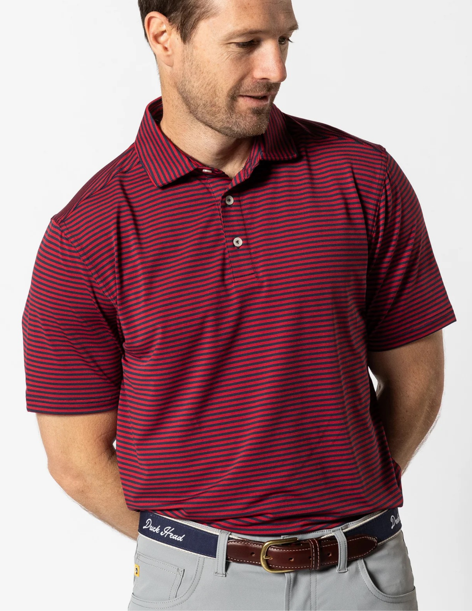 Duck Head SS Long Drive Performance Polo Kirk Stripe Rio Red
