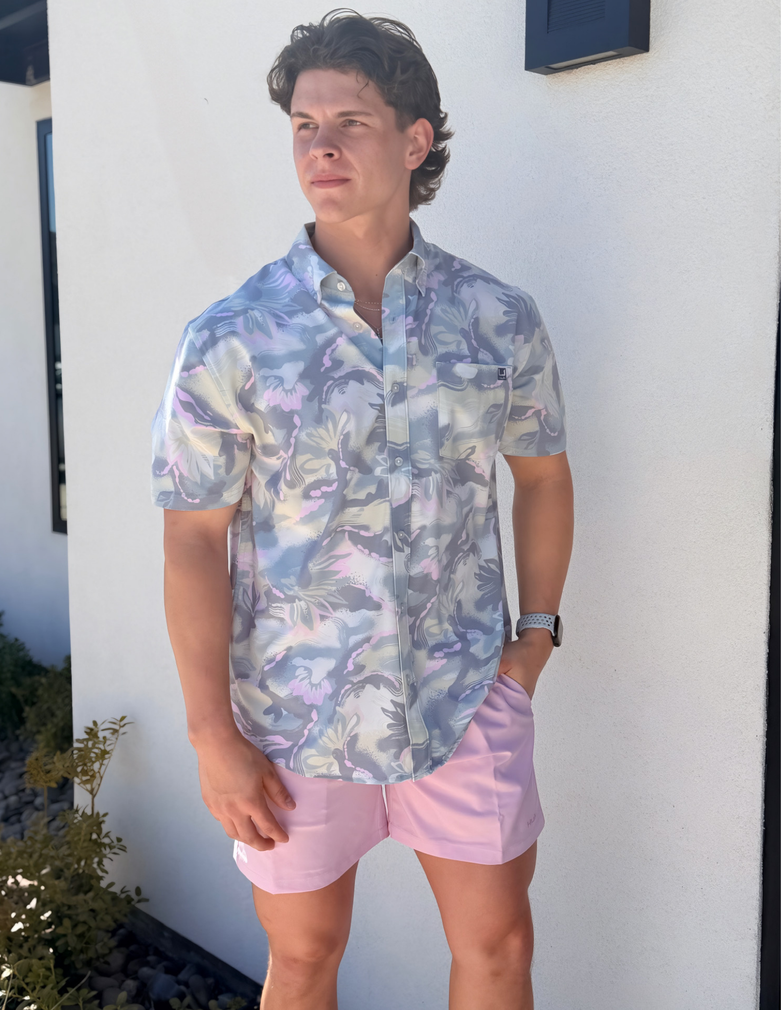 Huk - Kona Printed SS Button up Shirt - Silver Blue