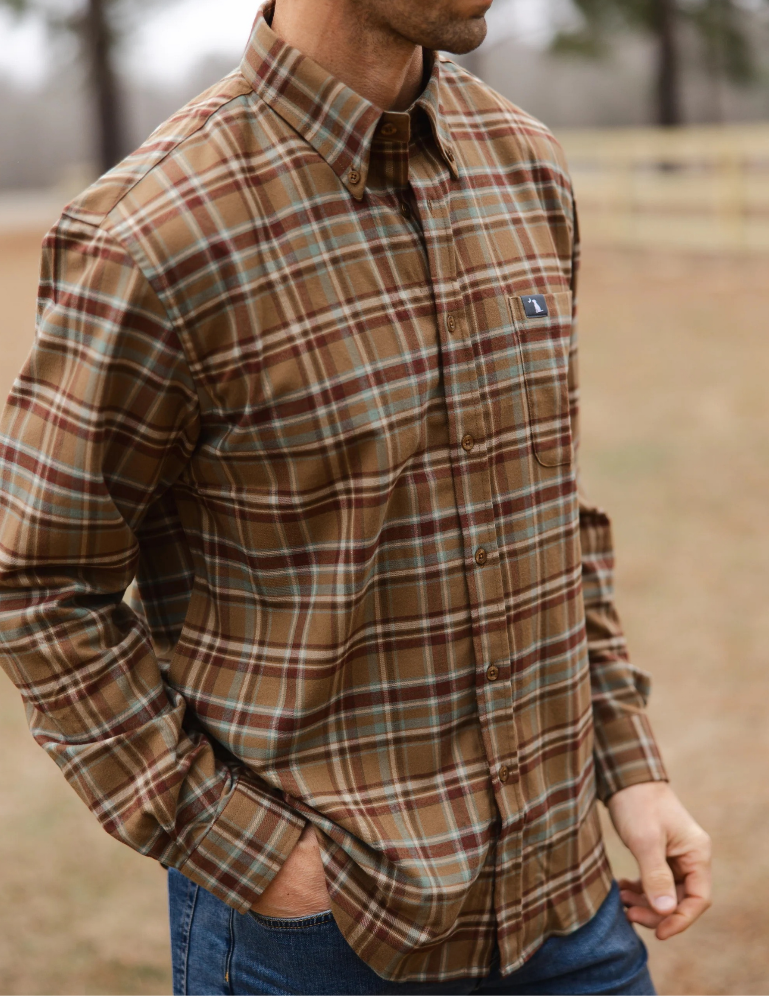 Local Boy Outfitters- Zeigler Stretch Flannel- Rust/ Red/ Green