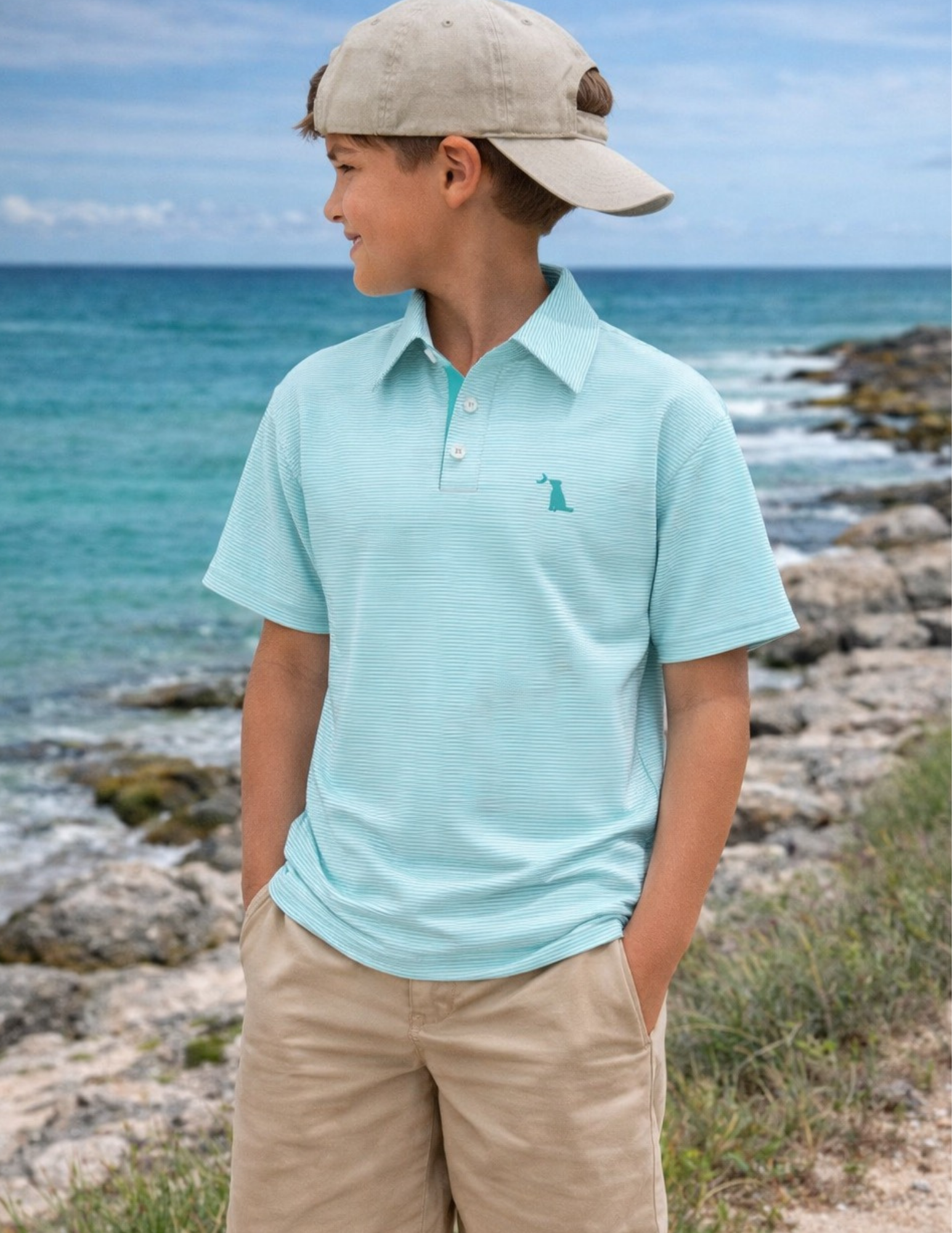 Local Boy Youth Palms Polo Aqua/ White
